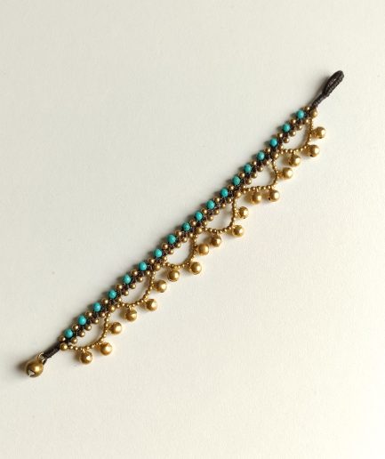 bracelet double macrame pierres turquoise et perles laiton et grelots